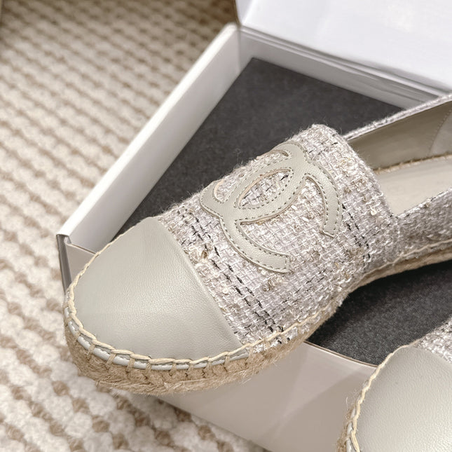 CHANEL 26S SLIP ONS IN GREY TWEED AND PATENT CALFSKIN