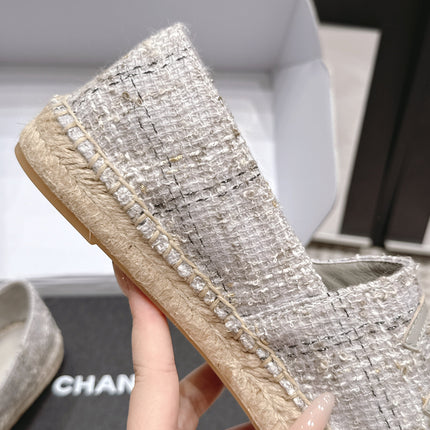 CHANEL 26S SLIP ONS IN GREY TWEED AND PATENT CALFSKIN