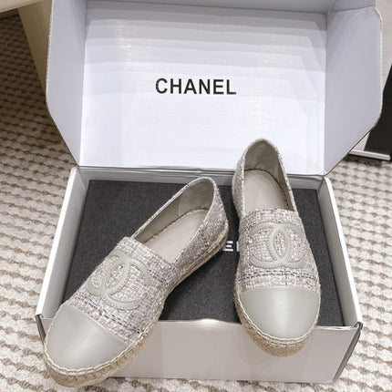 CHANEL 26S SLIP ONS IN GREY TWEED AND PATENT CALFSKIN
