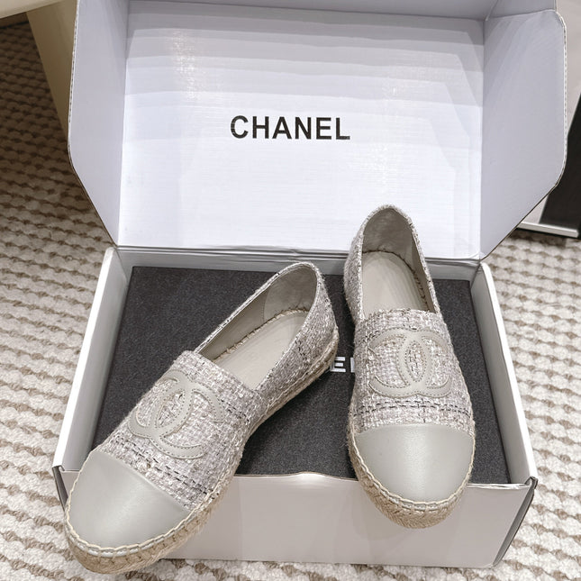CHANEL 26S SLIP ONS IN GREY TWEED AND PATENT CALFSKIN