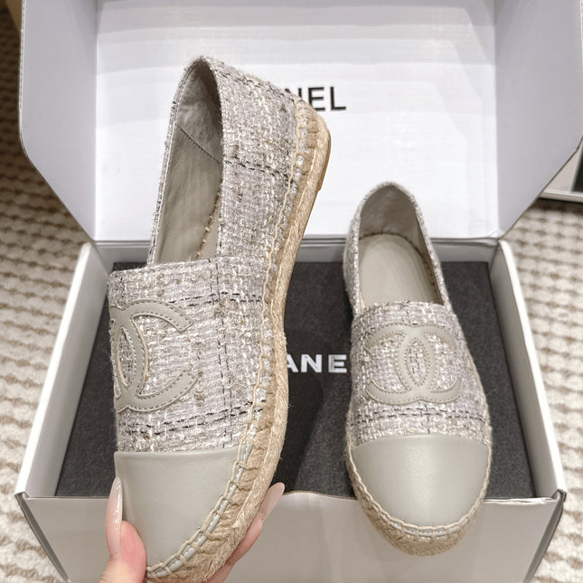 CHANEL 26S SLIP ONS IN GREY TWEED AND PATENT CALFSKIN