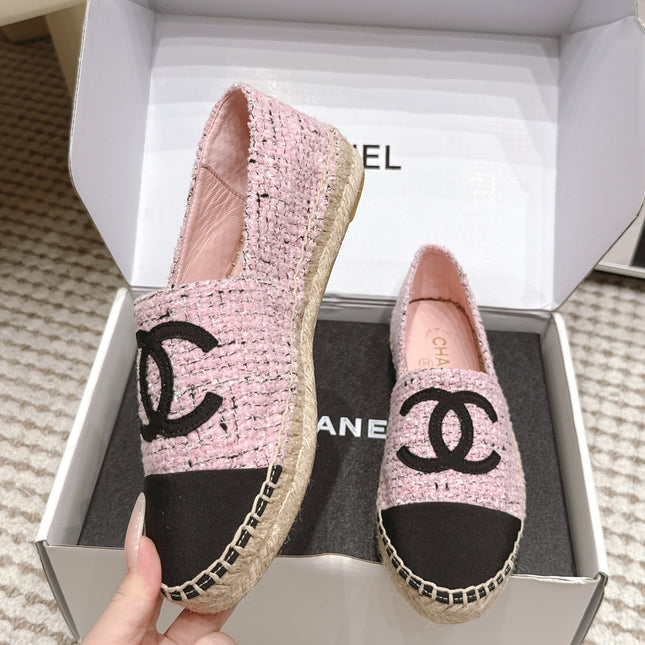 CHANEL 26S SLIP ONS IN PINK MIX BLACK TWEED AND PATENT CALFSKIN