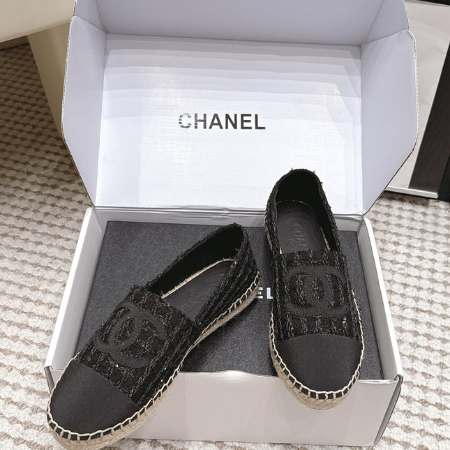 CHANEL 26S SLIP ONS IN BLACK TWEED AND PATENT CALFSKIN