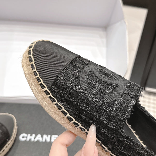 CHANEL 26S SLIP ONS IN BLACK TWEED AND PATENT CALFSKIN