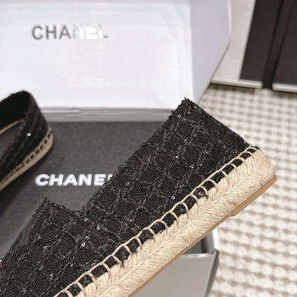 CHANEL 26S SLIP ONS IN BLACK TWEED AND PATENT CALFSKIN