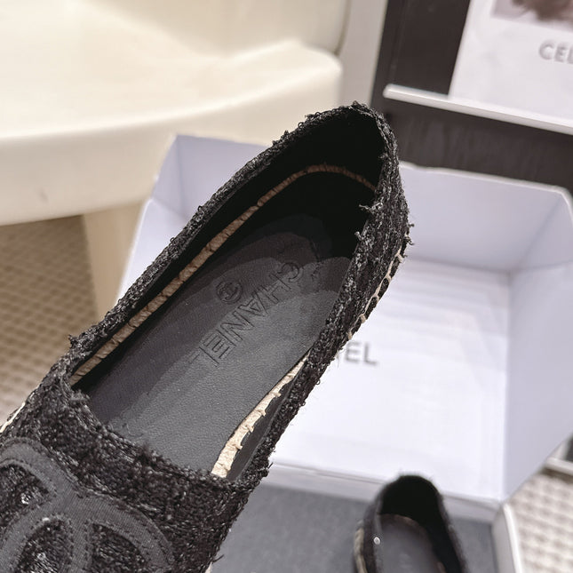 CHANEL 26S SLIP ONS IN BLACK TWEED AND PATENT CALFSKIN