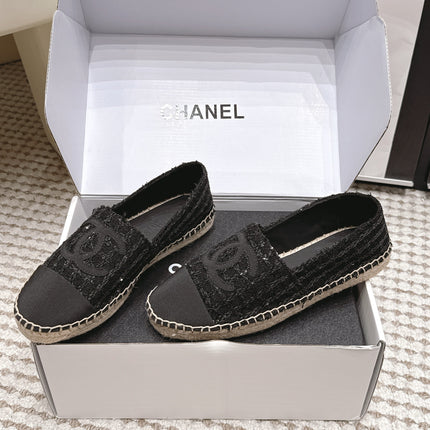 CHANEL 26S SLIP ONS IN BLACK TWEED AND PATENT CALFSKIN