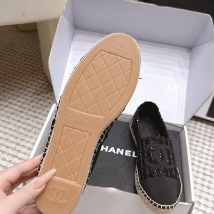 CHANEL 26S SLIP ONS IN BLACK TWEED AND PATENT CALFSKIN