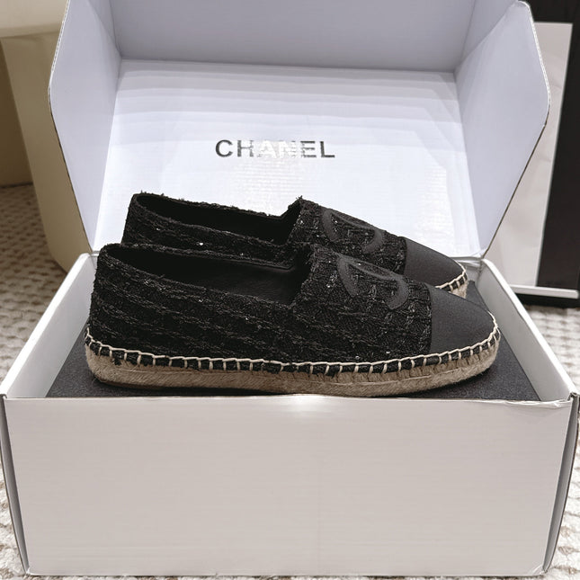 CHANEL 26S SLIP ONS IN BLACK TWEED AND PATENT CALFSKIN