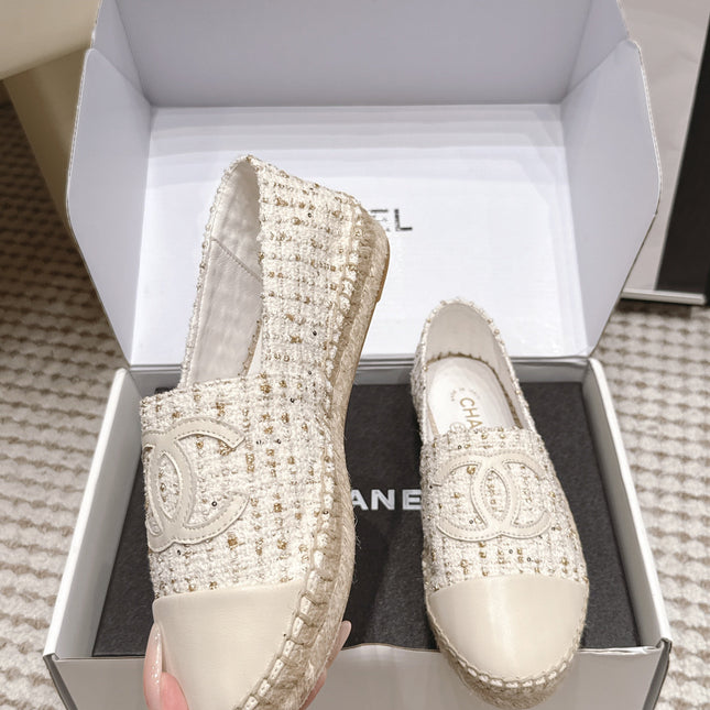 CHANEL 26S SLIP ONS IN WHITE TWEED AND PATENT CALFSKIN