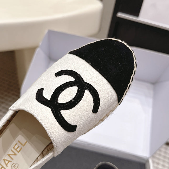 CHANEL 26S ESPADRILLE SLIP-ONS IN WHITE MIX BLACK SUEDE