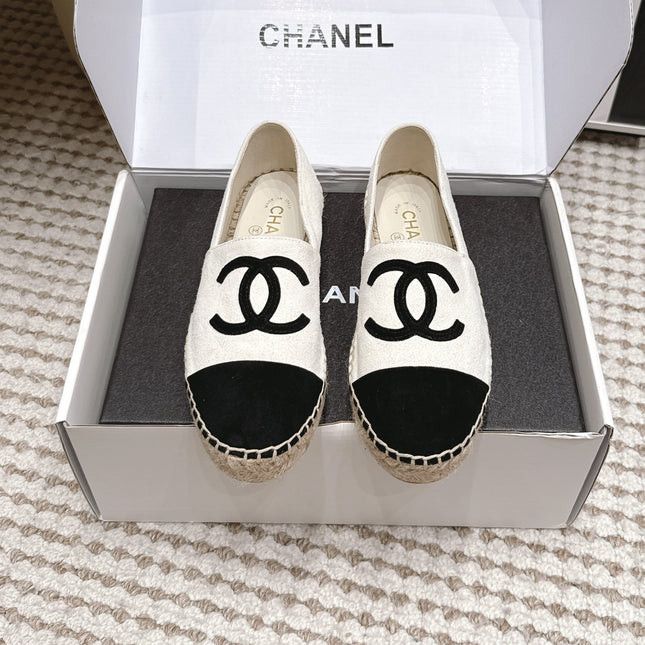 CHANEL 26S ESPADRILLE SLIP-ONS IN WHITE MIX BLACK SUEDE