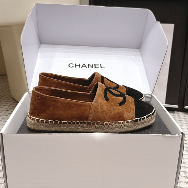 CHANEL 26S ESPADRILLE SLIP-ONS IN BROWN MIX BLACK SUEDE