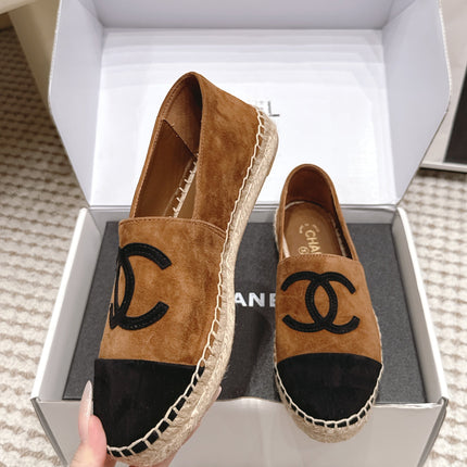 CHANEL 26S ESPADRILLE SLIP-ONS IN BROWN MIX BLACK SUEDE