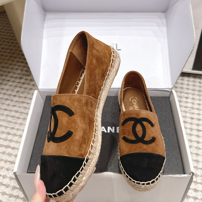 CHANEL 26S ESPADRILLE SLIP-ONS IN BROWN MIX BLACK SUEDE