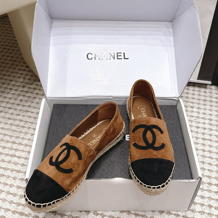 CHANEL 26S ESPADRILLE SLIP-ONS IN BROWN MIX BLACK SUEDE