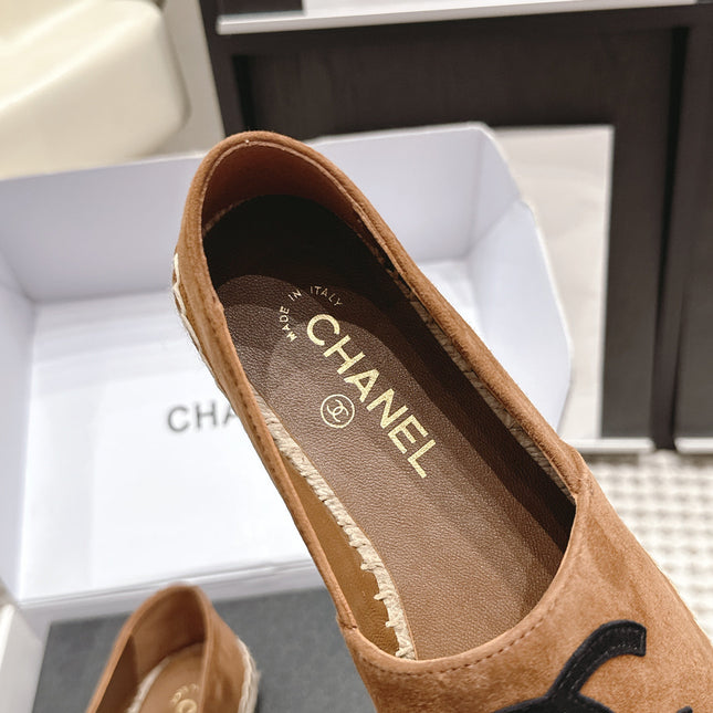 CHANEL 26S ESPADRILLE SLIP-ONS IN BROWN MIX BLACK SUEDE