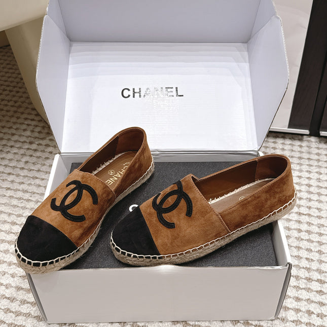 CHANEL 26S ESPADRILLE SLIP-ONS IN BROWN MIX BLACK SUEDE
