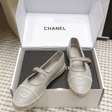 CHANEL 26S MARY JANE FLATS IN GREY LAMBSKIN ESPADRILLE SOLE