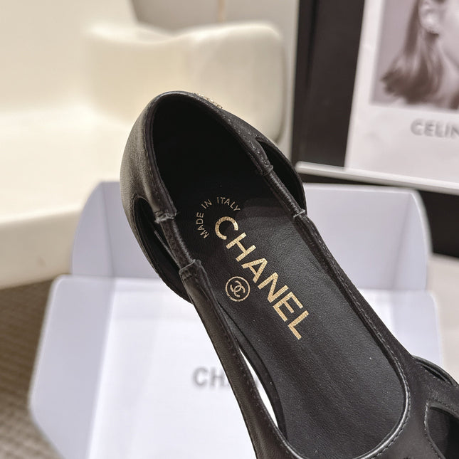 CHANEL 26S ROUND TOE MARY JANE FLATS IN BLACK CUTOUT CALFSKIN