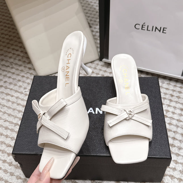 CHANEL 26S SQUARE TOE HIGH HEEL SANDALS IN OFF WHITE CALFSKIN