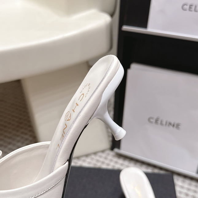 CHANEL 26S SQUARE TOE HIGH HEEL SANDALS IN OFF WHITE CALFSKIN