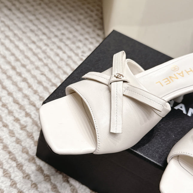 CHANEL 26S SQUARE TOE HIGH HEEL SANDALS IN OFF WHITE CALFSKIN