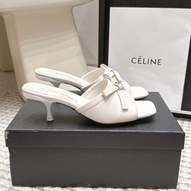CHANEL 26S SQUARE TOE HIGH HEEL SANDALS IN OFF WHITE CALFSKIN