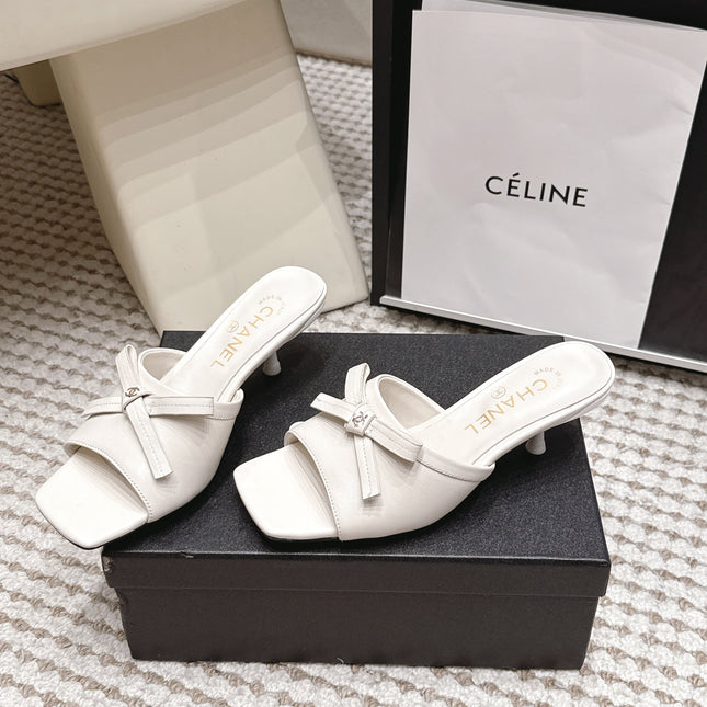 CHANEL 26S SQUARE TOE HIGH HEEL SANDALS IN OFF WHITE CALFSKIN