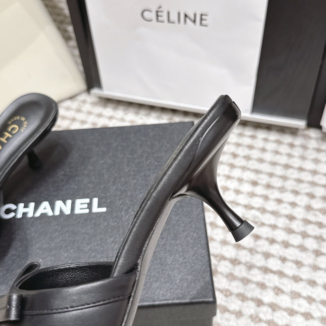 CHANEL 26S SQUARE TOE HIGH HEEL SANDALS IN BLACK CALFSKIN