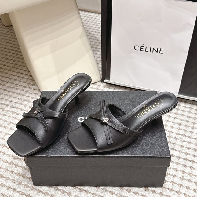 CHANEL 26S SQUARE TOE HIGH HEEL SANDALS IN BLACK CALFSKIN