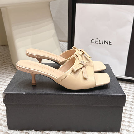 CHANEL 26S SQUARE TOE HIGH HEEL SANDALS IN BEIGE CALFSKIN