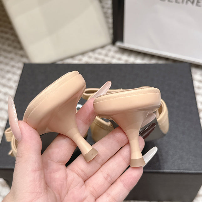 CHANEL 26S SQUARE TOE HIGH HEEL SANDALS IN BEIGE CALFSKIN