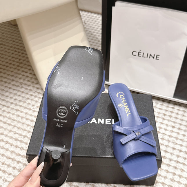 CHANEL 26S SQUARE TOE HIGH HEEL SANDALS IN DARK BLUE CALFSKIN