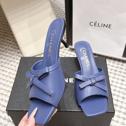 CHANEL 26S SQUARE TOE HIGH HEEL SANDALS IN DARK BLUE CALFSKIN