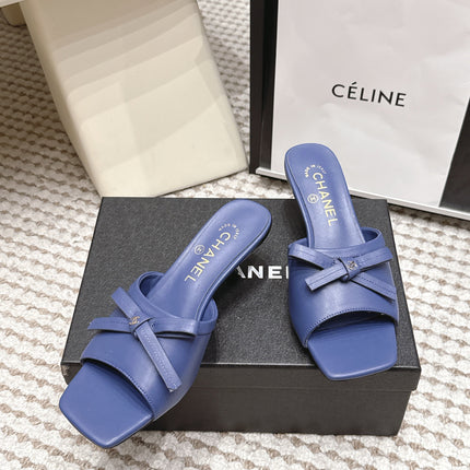 CHANEL 26S SQUARE TOE HIGH HEEL SANDALS IN DARK BLUE CALFSKIN