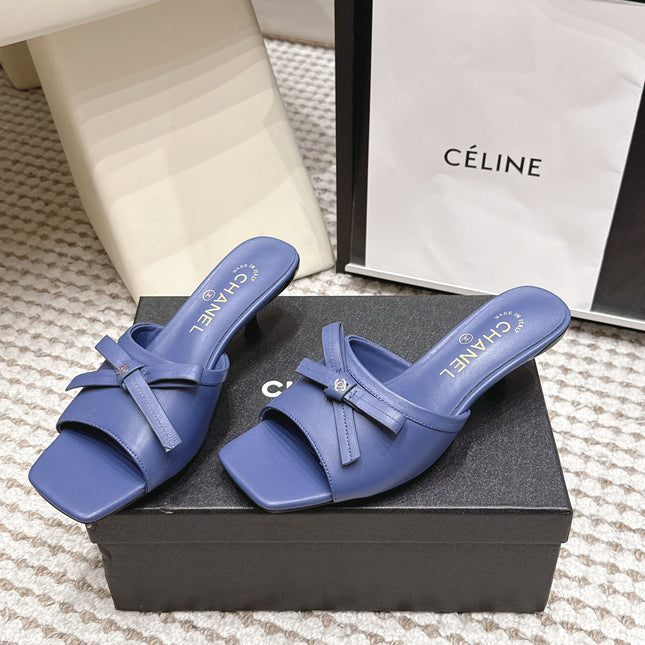 CHANEL 26S SQUARE TOE HIGH HEEL SANDALS IN DARK BLUE CALFSKIN