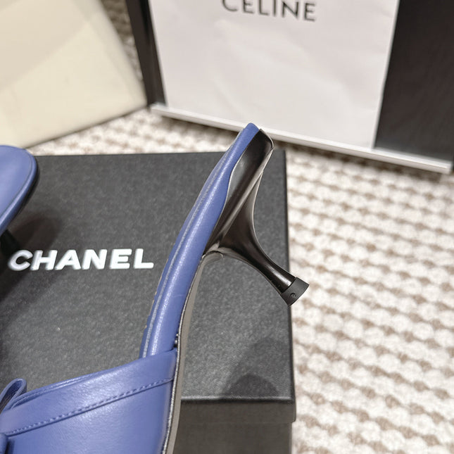 CHANEL 26S SQUARE TOE HIGH HEEL SANDALS IN DARK BLUE CALFSKIN