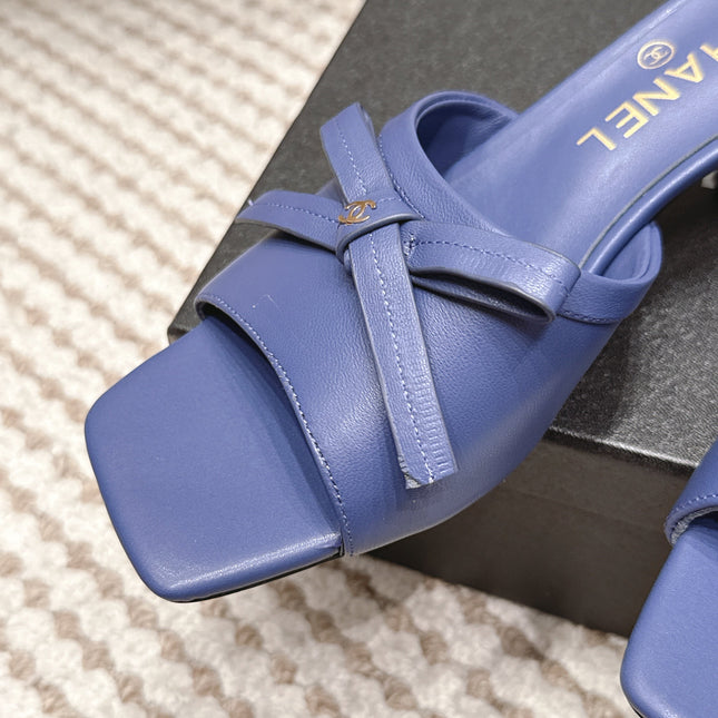 CHANEL 26S SQUARE TOE HIGH HEEL SANDALS IN DARK BLUE CALFSKIN
