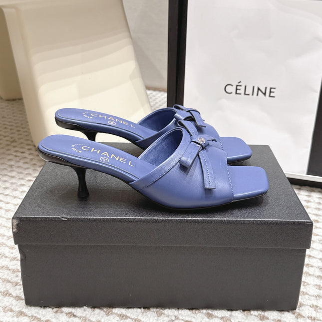 CHANEL 26S SQUARE TOE HIGH HEEL SANDALS IN DARK BLUE CALFSKIN