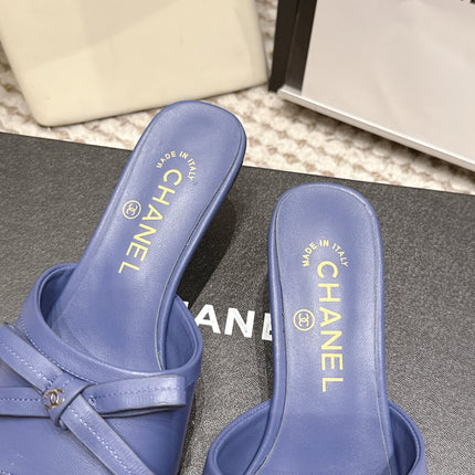 CHANEL 26S SQUARE TOE HIGH HEEL SANDALS IN DARK BLUE CALFSKIN