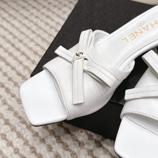 CHANEL 26S SQUARE TOE HIGH HEEL SANDALS IN WHITE CALFSKIN