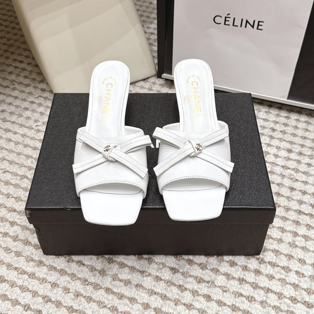 CHANEL 26S SQUARE TOE HIGH HEEL SANDALS IN WHITE CALFSKIN