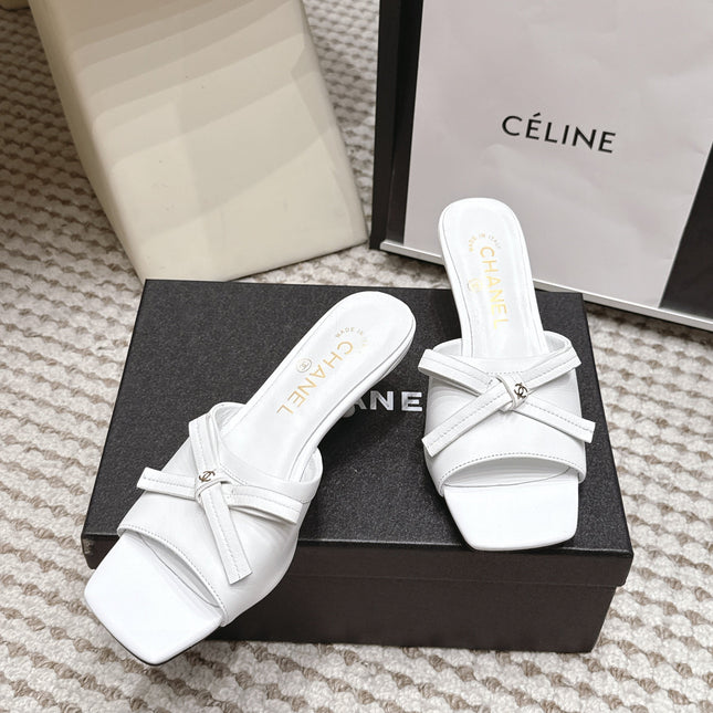 CHANEL 26S SQUARE TOE HIGH HEEL SANDALS IN WHITE CALFSKIN