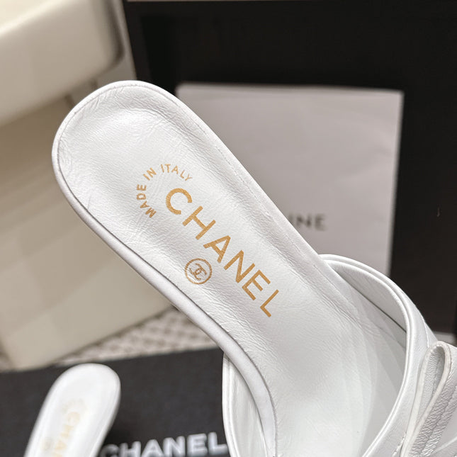 CHANEL 26S SQUARE TOE HIGH HEEL SANDALS IN WHITE CALFSKIN