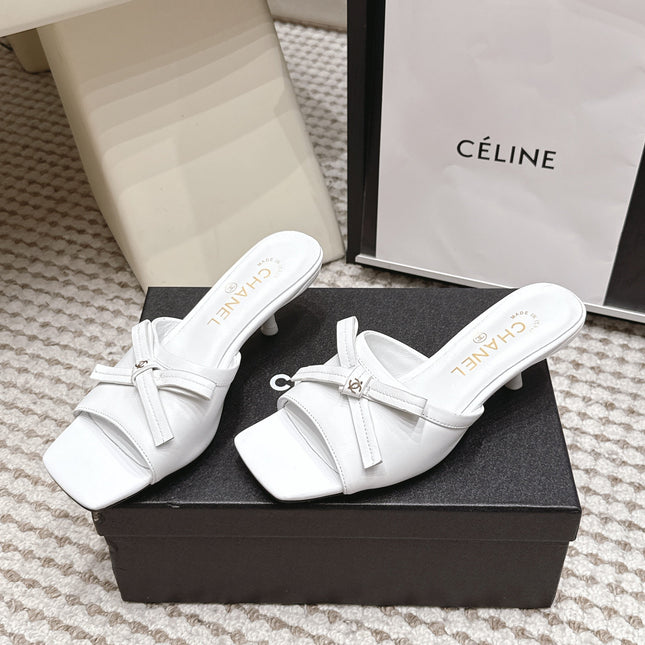 CHANEL 26S SQUARE TOE HIGH HEEL SANDALS IN WHITE CALFSKIN