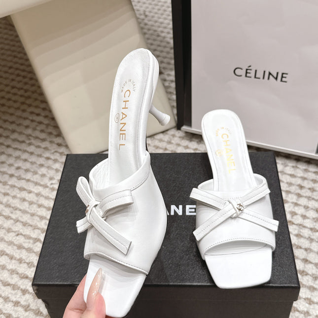 CHANEL 26S SQUARE TOE HIGH HEEL SANDALS IN WHITE CALFSKIN