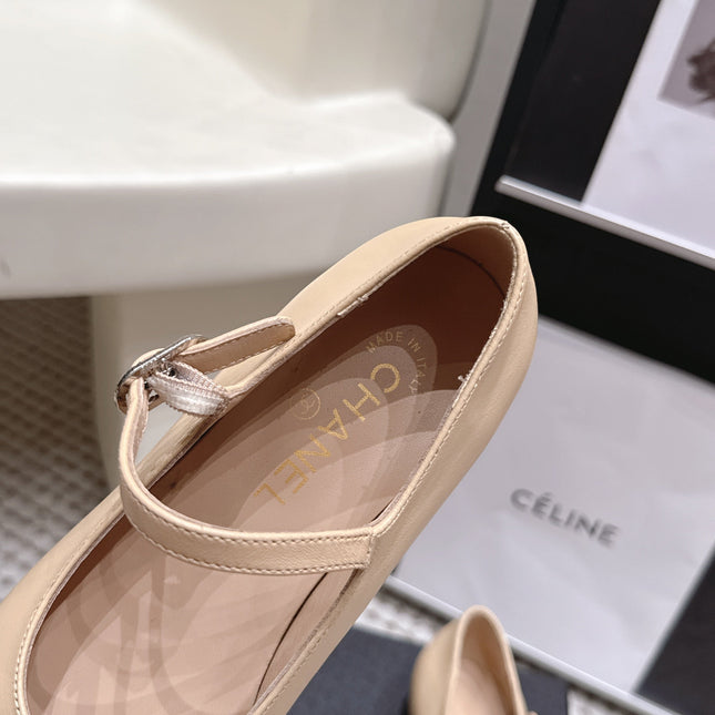 CHANEL 26S SQUARE TOE MARY JANE FLATS IN BEIGE CALFSKIN