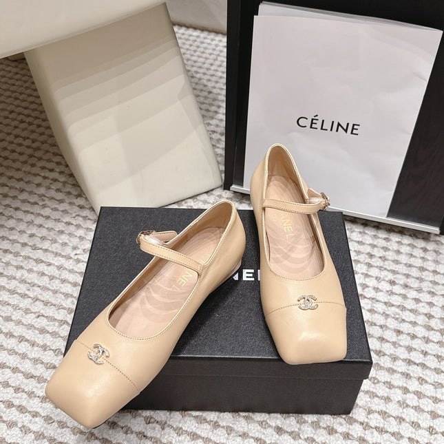 CHANEL 26S SQUARE TOE MARY JANE FLATS IN BEIGE CALFSKIN
