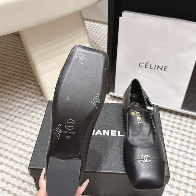 CHANEL 26S SQUARE TOE MARY JANE FLATS IN BLACK CALFSKIN